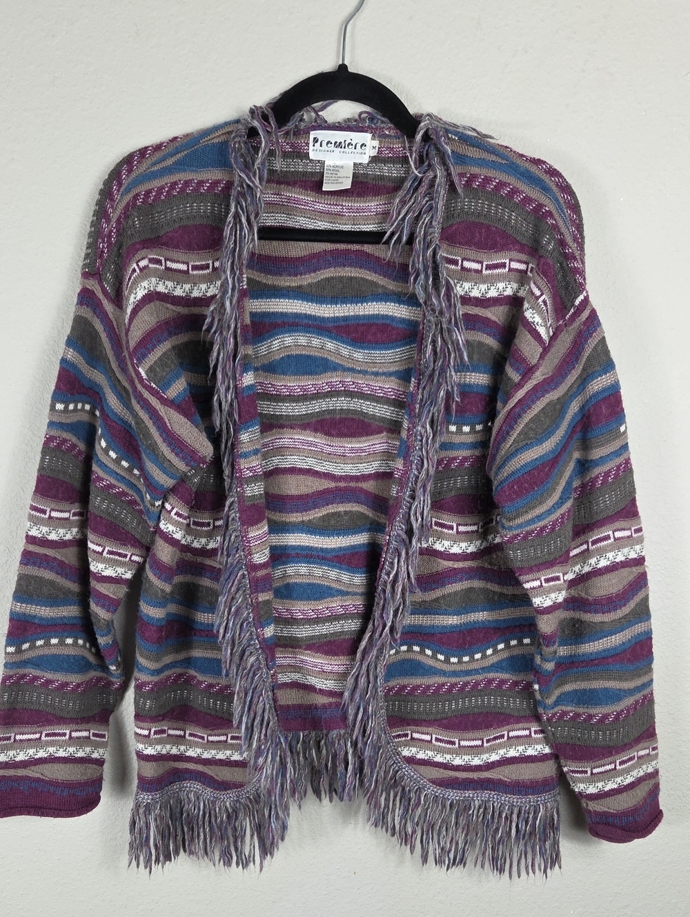 Vintage 80s Première Wool Abstract 3d Knit Cardigan Sweater Fringe size Medium